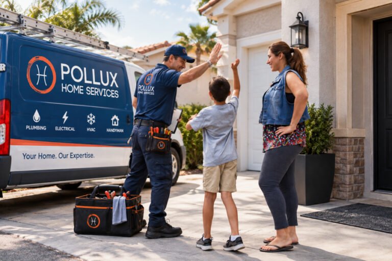 Pollux Home Services plumber greeting a family outside their home.