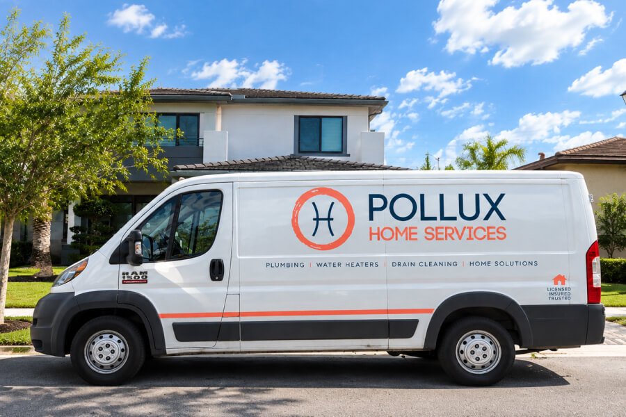 Plumbing services emergency - Pollux Home Services plumbing van parked outside a residential home.
